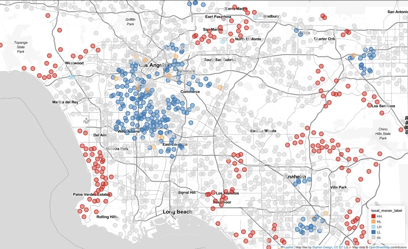 Map of schools in the Los Angeles area colored by local Moran cluster type: high-high, low-low, outliers, and not significant.