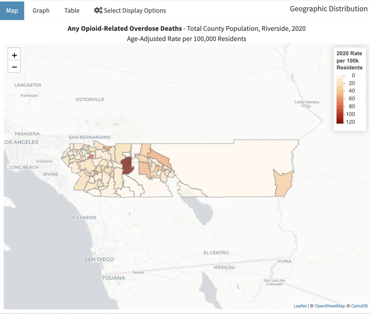 Map of Riverside County showing age-adjusted opioid overdose death rates by area in 2020, from the project dashboard.