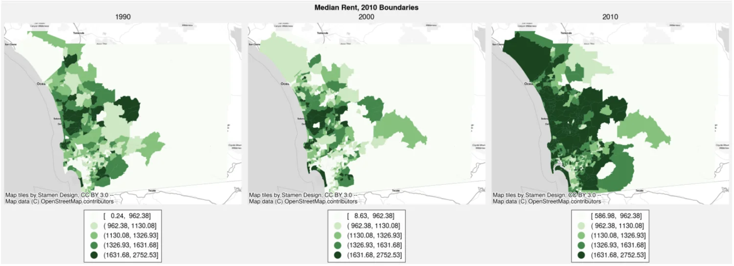 Three maps of San Diego County shaded by median rent by census tract in 1990, 2000, and 2010.
